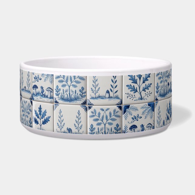 Blue and white woodland tile cat or dog bowl voerbakje (Voorkant)
