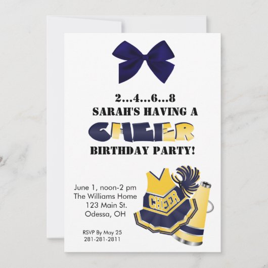 Blue and Yellow Cheerleading Birthday Invitation Kaart (Voorkant)