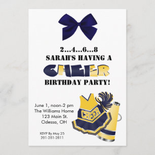 Blue and Yellow Cheerleading Birthday Invitation Kaart