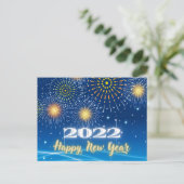 Blue and Yellow Fireworks Happy New Year 2022 Briefkaart (Staand voorkant)