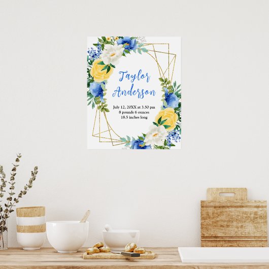 Blue and Yellow Floral Baby Birth Stats Poster (Keuken)