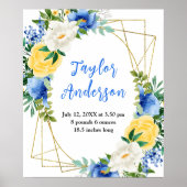 Blue and Yellow Floral Baby Birth Stats Poster (Voorkant)