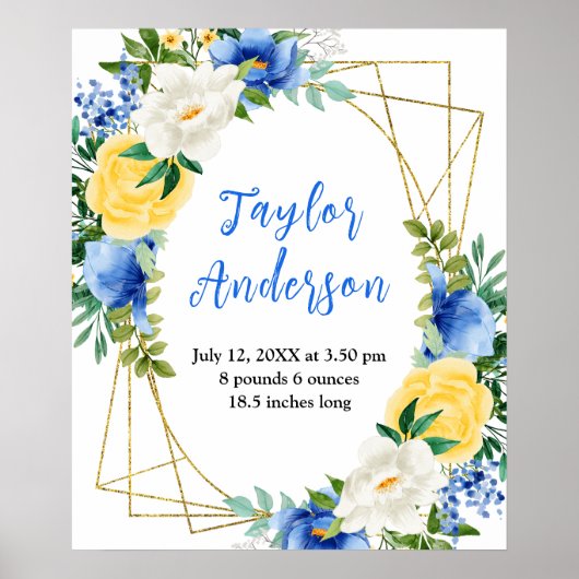 Blue and Yellow Floral Baby Birth Stats Poster (Voorkant)