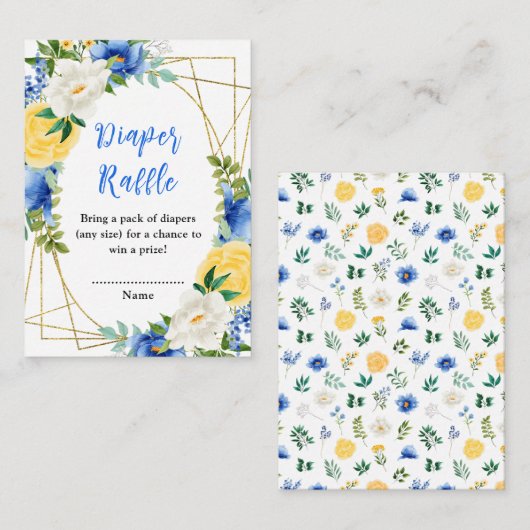 Blue and Yellow Floral Baby Shower Diaper Raffle Informatiekaartje (Voorkant / Achterkant)