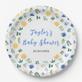 Blue and Yellow Floral Baby Shower Papieren Bordje (Voorkant)