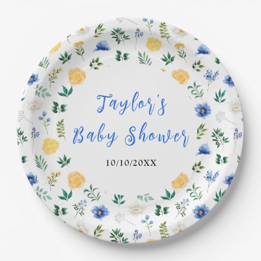 Blue and Yellow Floral Baby Shower Papieren Bordje (Voorkant)
