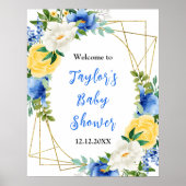 Blue and Yellow Floral Baby Shower Welcome Sign Poster (Voorkant)
