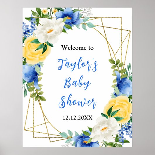 Blue and Yellow Floral Baby Shower Welcome Sign Poster (Voorkant)
