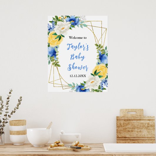 Blue and Yellow Floral Baby Shower Welcome Sign Poster (Keuken)