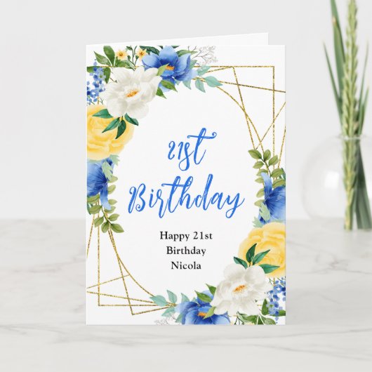 Blue and Yellow Floral Birthday Kaart (Voorkant)