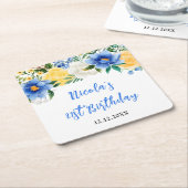 Blue and Yellow Floral Birthday Kartonnen Onderzetters (Schuin)
