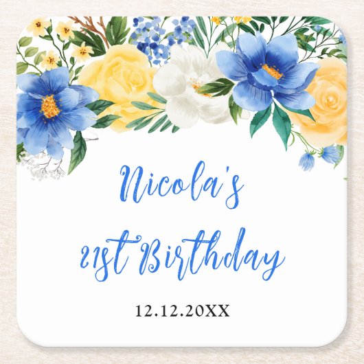 Blue and Yellow Floral Birthday Kartonnen Onderzetters (Voorkant)