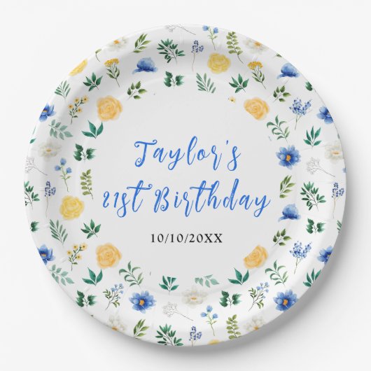 Blue and Yellow Floral Birthday Papieren Bordje (Voorkant)