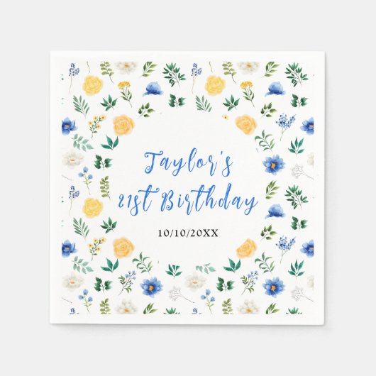 Blue and Yellow Floral Birthday Servet (Voorkant)