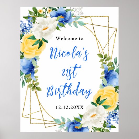 Blue and Yellow Floral Birthday Welcome Poster (Voorkant)