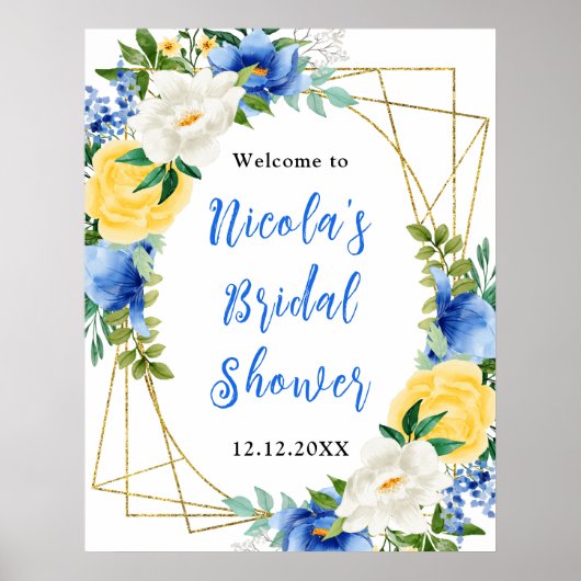 Blue and Yellow Floral Bridal Shower Welcome Poster (Voorkant)