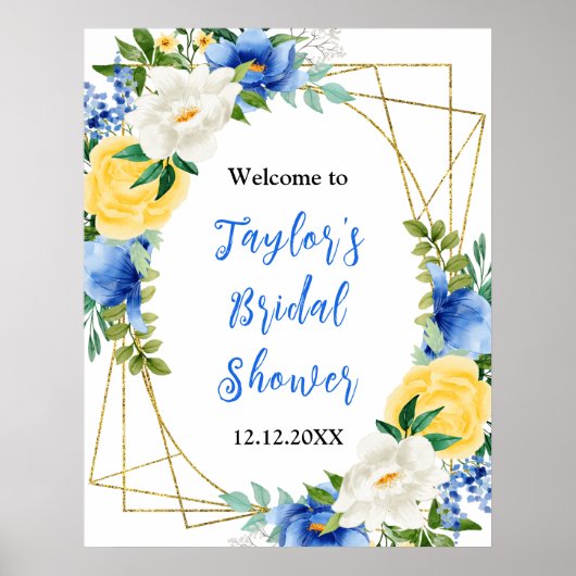 Blue and Yellow Floral Bridal Shower Welcome Sign Poster (Voorkant)