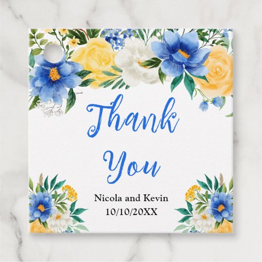 Blue and Yellow Floral Wedding Bedankjes Labels (Voorkant)