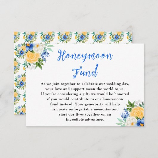 Blue and Yellow Floral Wedding Honeymoon Fund Informatiekaartje (Voorkant / Achterkant)