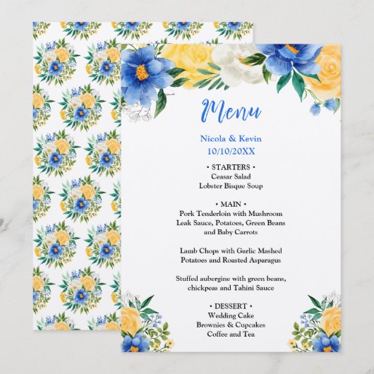 Blue and Yellow Floral Wedding Menu (Voorkant / Achterkant)