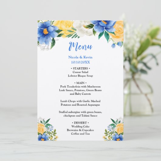 Blue and Yellow Floral Wedding Menu (Staand voorkant)