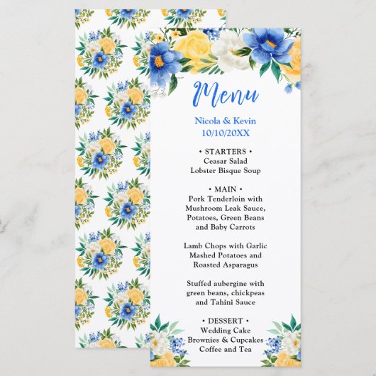 Blue and Yellow Floral Wedding Menu (Voorkant / Achterkant)