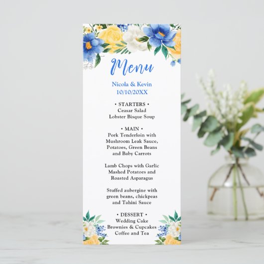 Blue and Yellow Floral Wedding Menu (Staand voorkant)