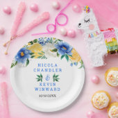 Blue and Yellow Floral Wedding Papieren Bordje (Feest)