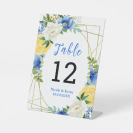 Blue and Yellow Floral Wedding Table Number Reclamebord Met Voetstuk