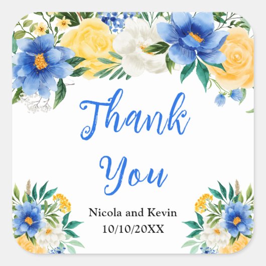 Blue and Yellow Floral Wedding Thank You Vierkante Sticker (Voorkant)
