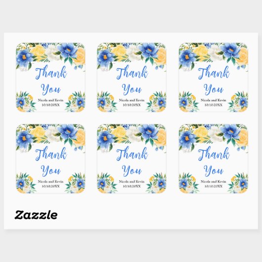 Blue and Yellow Floral Wedding Thank You Vierkante Sticker (Vel)