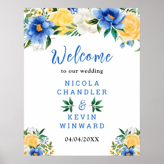 Blue and Yellow Floral Wedding Welcome Sign Poster (Voorkant)