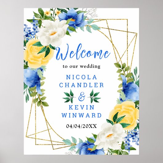 Blue and Yellow Floral Wedding Welcome Sign Poster (Voorkant)