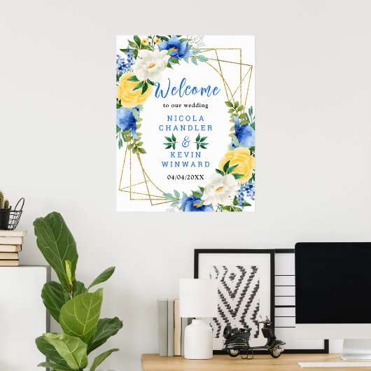 Blue and Yellow Floral Wedding Welcome Sign Poster (Thuiskantoor)