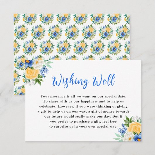 Blue and Yellow Floral Wedding Wishing Well Informatiekaartje (Voorkant / Achterkant)