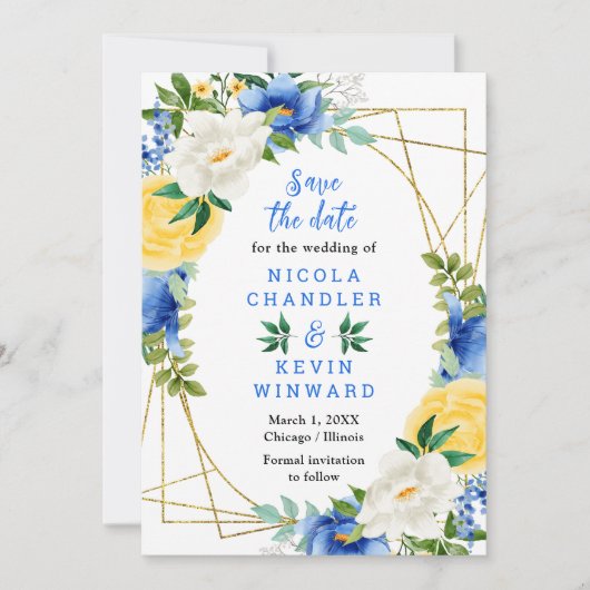 Blue and Yellow Flowers Wedding Save The Date (Voorkant)