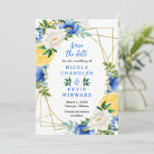 Blue and Yellow Flowers Wedding Save The Date (Staand voorkant)