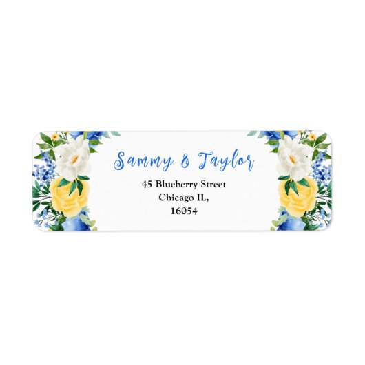 Blue and Yellow Flowers with Foliage Wedding Etiket (Voorkant)