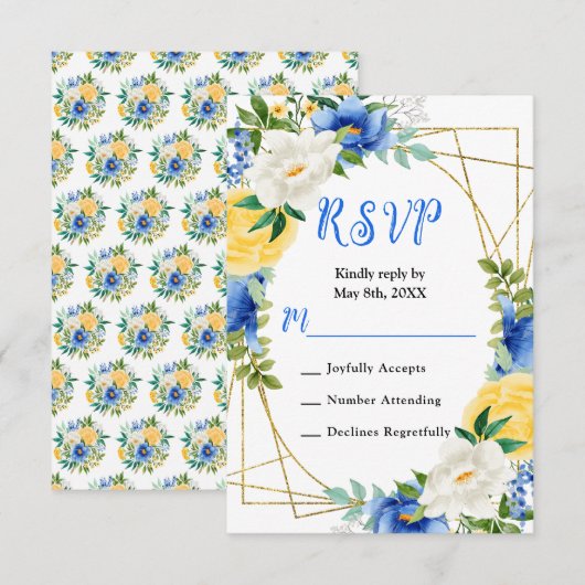 Blue and Yellow Flowers with Foliage Wedding RSVP Kaartje (Voorkant / Achterkant)