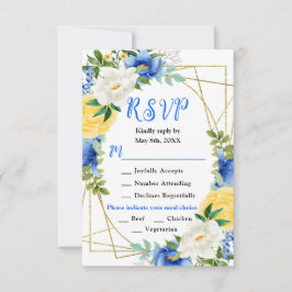 Blue and Yellow Flowers with Foliage Wedding RSVP Kaartje