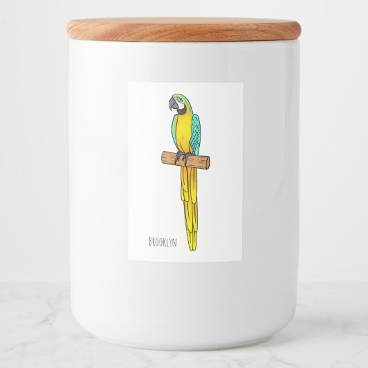 Blue-and-yellow macaw bird cartoon illustration voedselcontainer etiket (Voorkant)