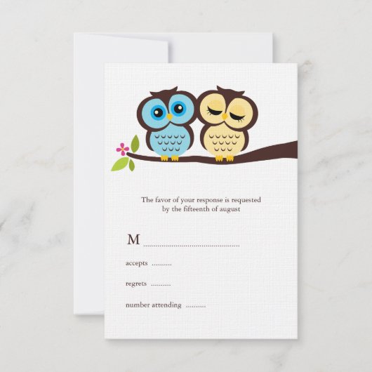 Blue and Yellow Owls Wedding RSVP Kaartje (Voorkant)
