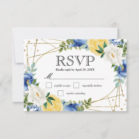 Blue and Yellow Summer Flowers Wedding RSVP Kaartje (Voorkant)