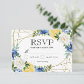 Blue and Yellow Summer Flowers Wedding RSVP Kaartje (Staand voorkant)