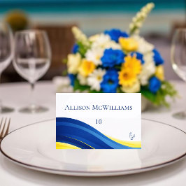 Blue and Yellow Wedding Place Cards Chicken Icon Kaart