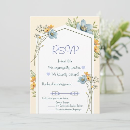 Blue And Yellow Wildflowers Geometric RSVP Card Kaart (Staand voorkant)