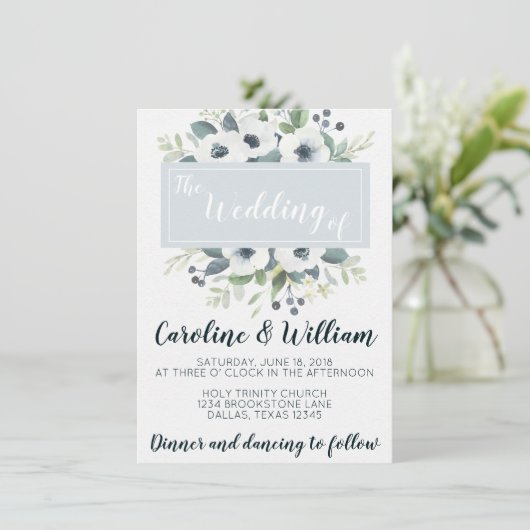 Blue Anemone Floral Wedding Invitation Invite Kaart (Staand voorkant)