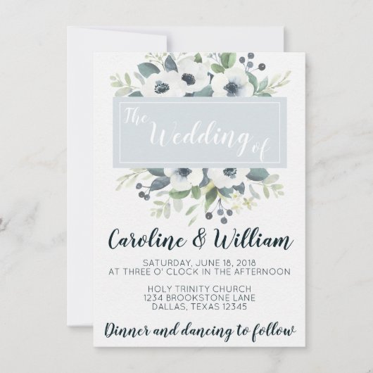 Blue Anemone Floral Wedding Invitation Invite Kaart (Voorkant)