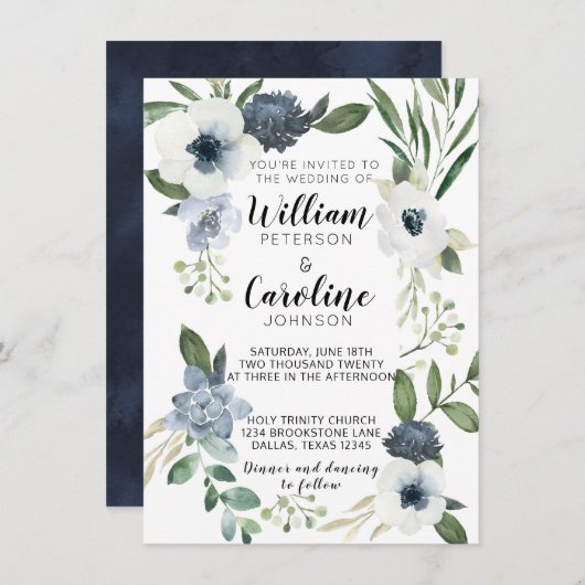 Blue Anemone Floral Wedding Invitation Invite Kaart (Voorkant / Achterkant)