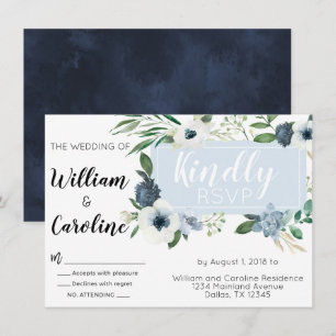 Blue Anemone Floral Wedding RSVP Response Kaart